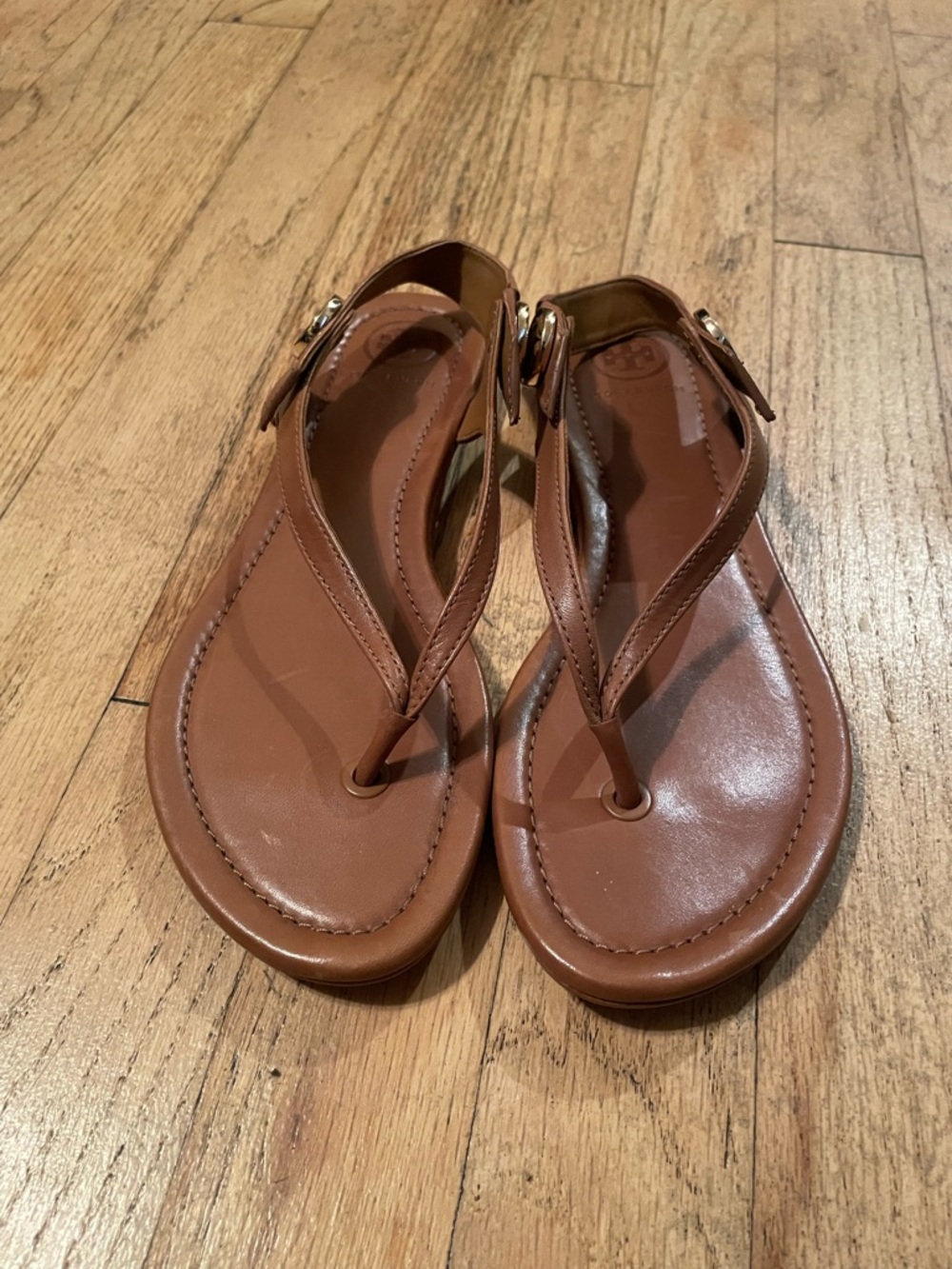 Tory Burch Brown Leather Thong Sandals with Gold Buckle